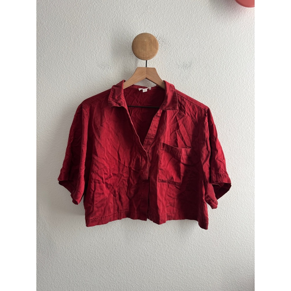 Lunya Washable Silk Button Down Cropped Shirt Red Short Sleeve Boxy Top Medium